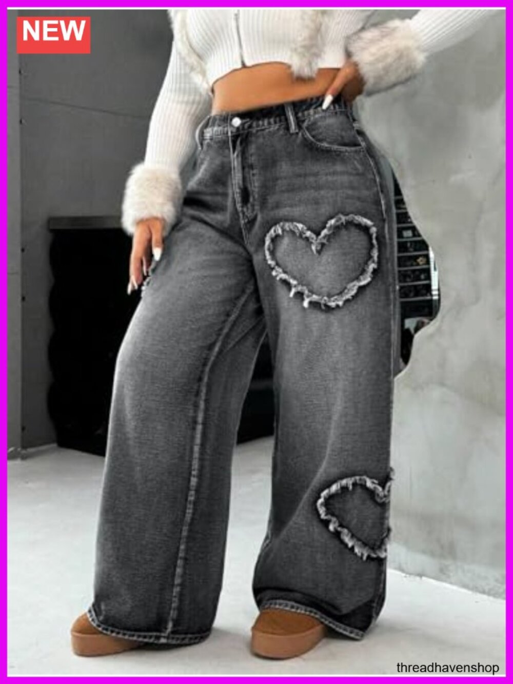 High Waisted Wide Leg Distressed Heart Pattern Jeans Stretch Denim - Picture 3 of 5
